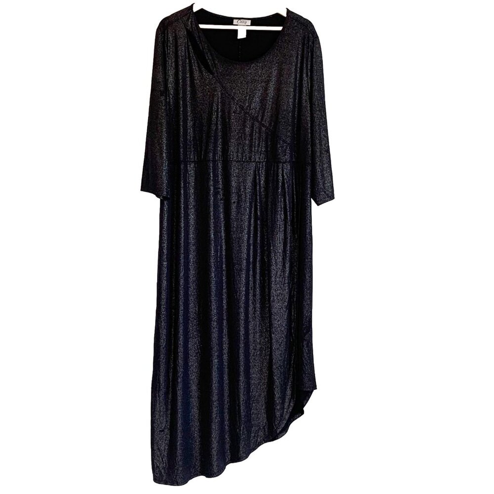 Catherines Asymmetrical Black Metallic Dress Size 3X Holiday 3/4 Sleeve Cocktail - Picture 1 of 9